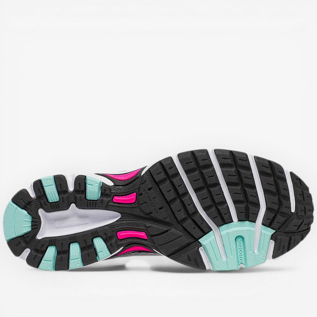 METRO Ride Millennium silver, aqua, and white mesh running shoes with synthetic overlays and rubber outsole.