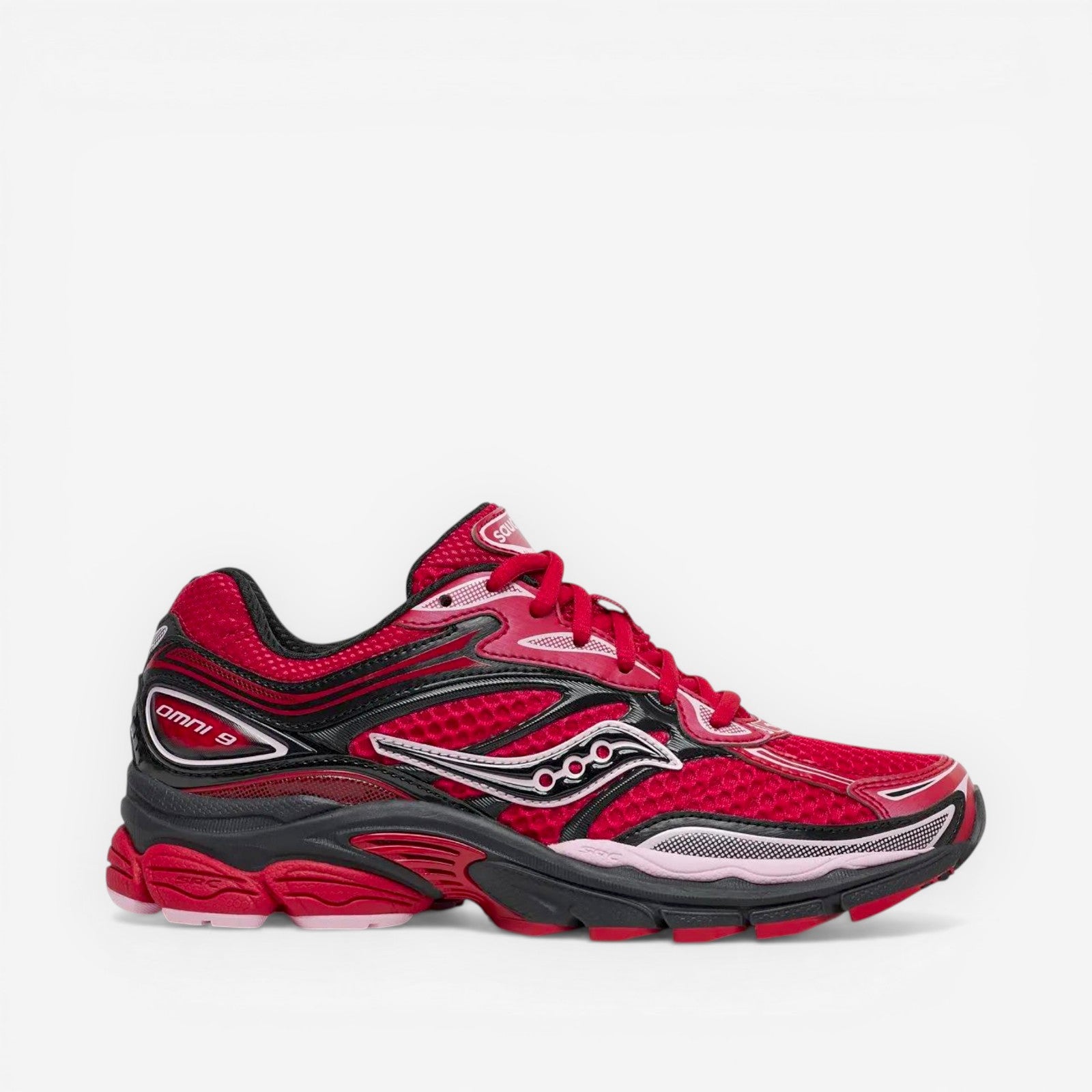 METRO Saucony Omni Grid 9 red mesh running shoes with black and pink accents and GRID cushioning.