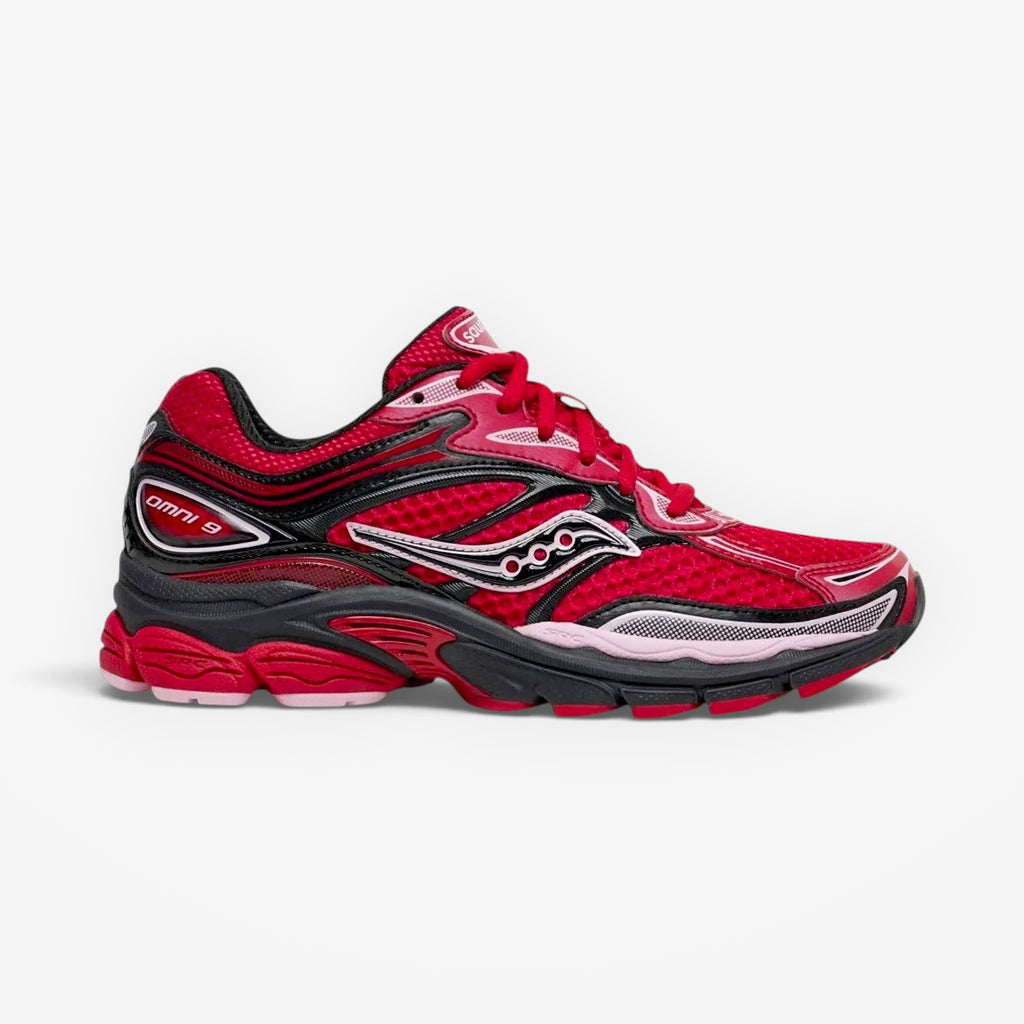 METRO Saucony Omni Grid 9 red mesh running shoes with black and pink accents and GRID cushioning.