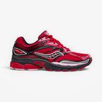 METRO Saucony Omni Grid 9 red mesh running shoes with black and pink accents and GRID cushioning.