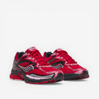 METRO Saucony Omni Grid 9 red running shoes with breathable mesh and synthetic overlays, GRID cushioning.