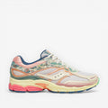 METRO Saucony ProGrid Omni 9 floral print sneakers with beige mesh, blue accents, and pink sole.