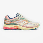 METRO Saucony ProGrid Omni 9 floral print sneakers with beige mesh, blue accents, and pink sole.