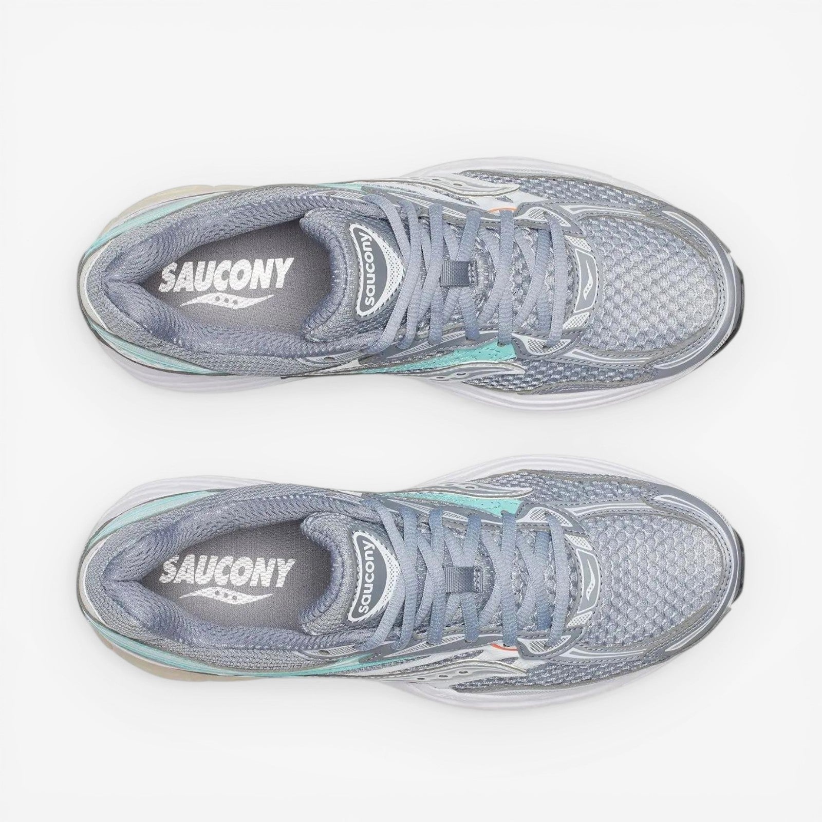 METRO: Grey mesh Saucony ProGrid Omni 9 sneakers with teal and silver accents, rubber overlays, and white soles.
