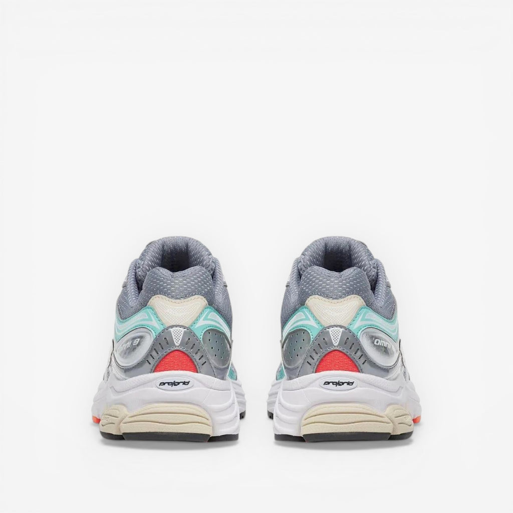 METRO ProGrid Omni 9 grey mesh sneakers with teal and slime green accents, rubber overlays, and ProGrid cushioning.
