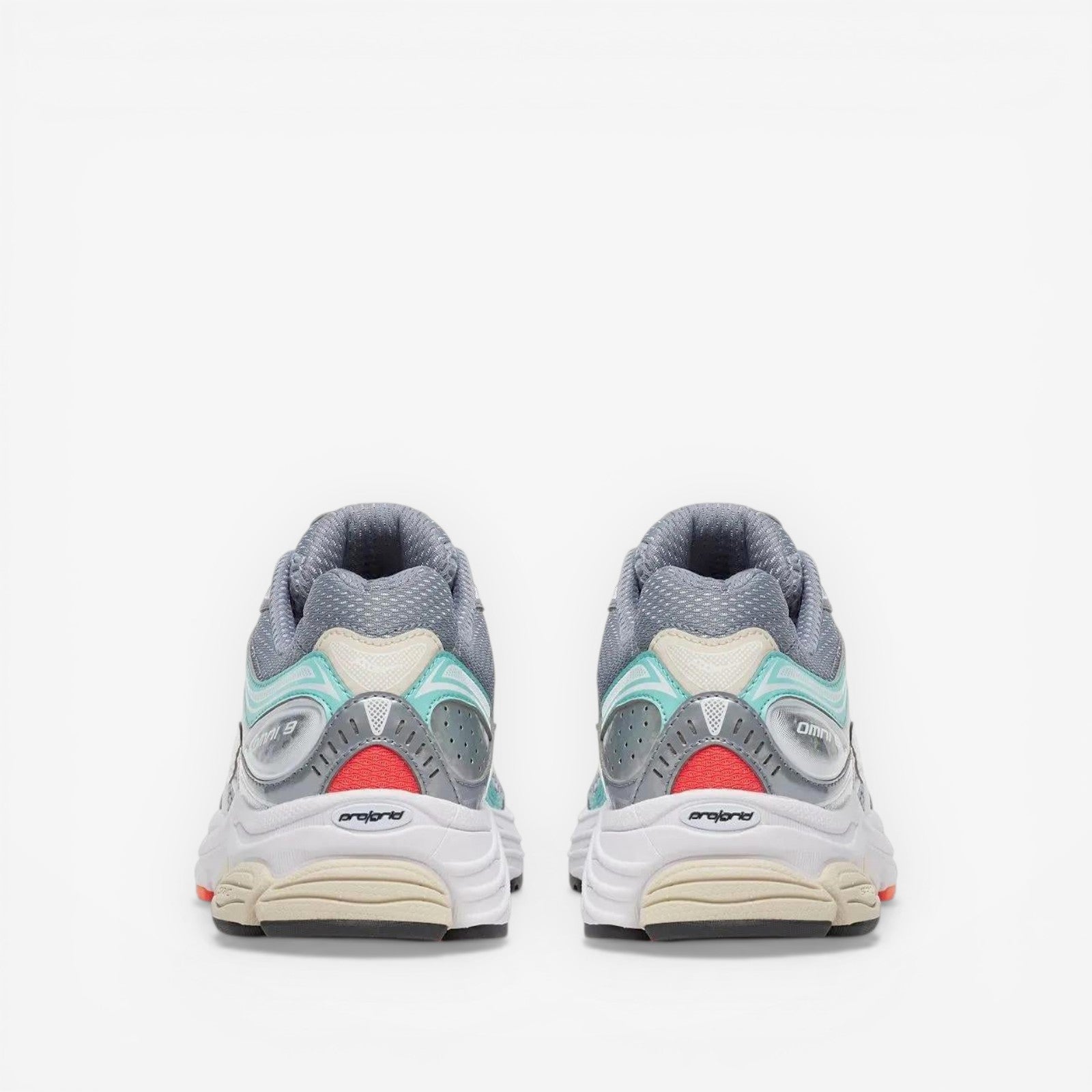 METRO ProGrid Omni 9 grey mesh sneakers with teal and slime green accents, rubber overlays, and ProGrid cushioning.