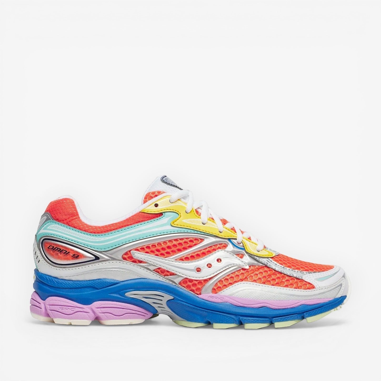 METRO ProGrid Omni 9 multi-color mesh and synthetic overlay running shoes with orange, silver, blue, and yellow accents.