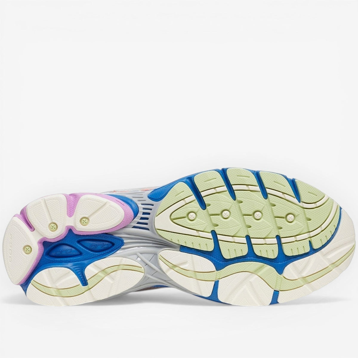 METRO ProGrid Omni 9 sneakers in orange, silver, blue, and light green with a multi-directional rubber outsole.