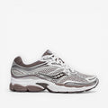 METRO ProGrid Omni 9 white and brown mesh sneakers with silver accents and ProGrid cushioning.