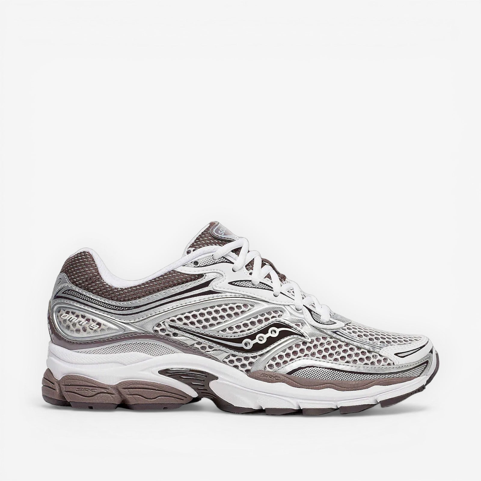 METRO ProGrid Omni 9 white and brown mesh sneakers with silver accents and ProGrid cushioning.