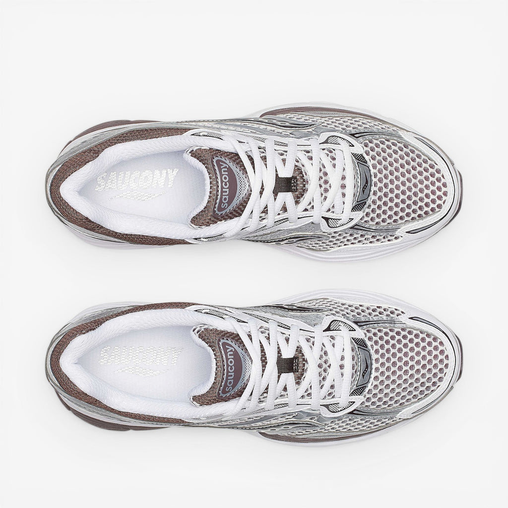 METRO ProGrid Omni 9: White, brown, and silver mesh and synthetic retro running shoes with ProGrid cushioning.