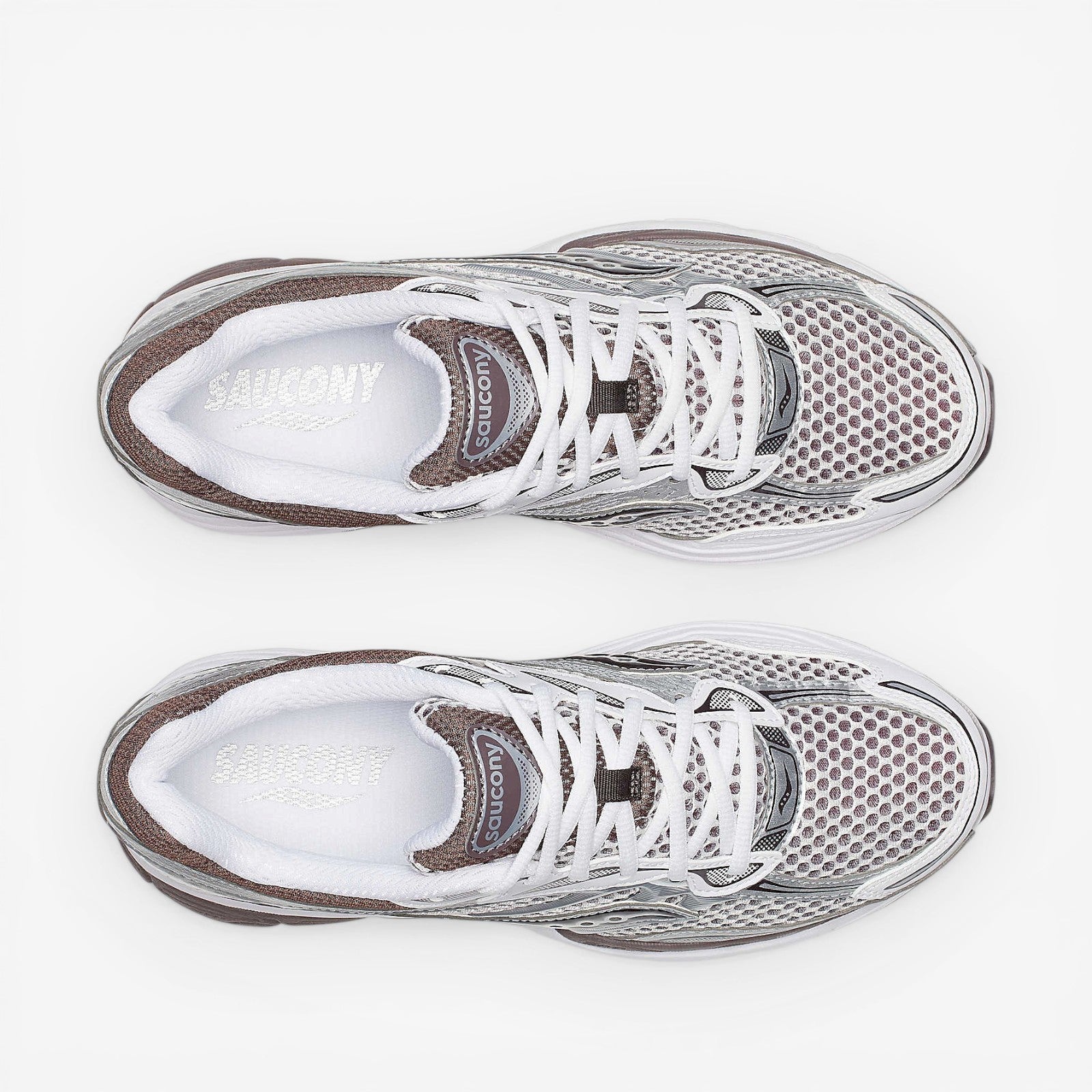 METRO ProGrid Omni 9: White, brown, and silver mesh and synthetic retro running shoes with ProGrid cushioning.