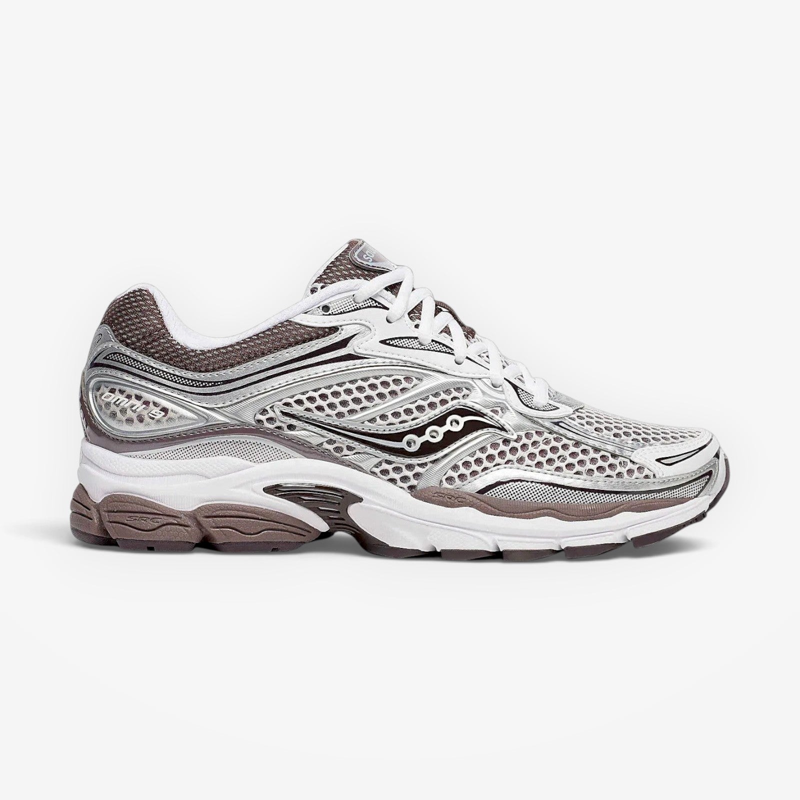 METRO ProGrid Omni 9 white and brown mesh sneakers with silver accents and ProGrid cushioning.