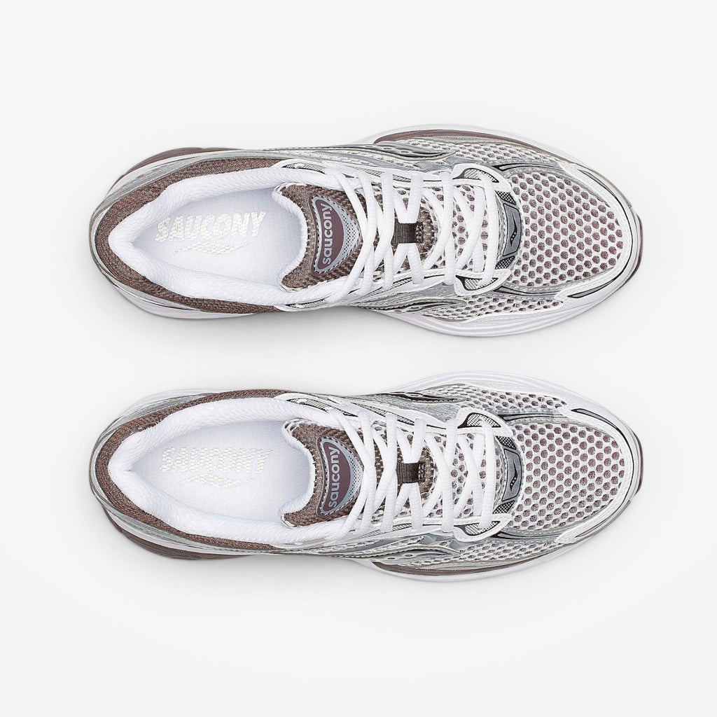 METRO ProGrid Omni 9: White, brown, and silver mesh and synthetic retro running shoes with ProGrid cushioning.