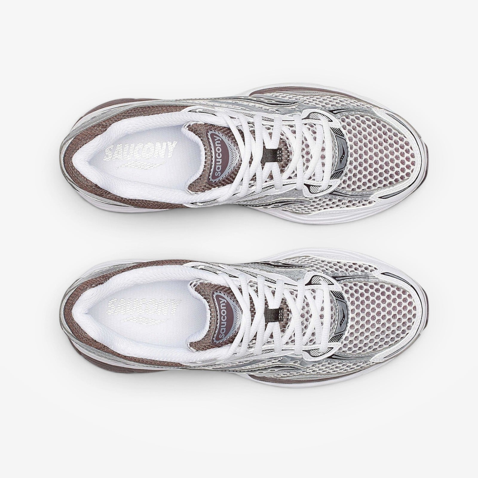 METRO ProGrid Omni 9: White, brown, and silver mesh and synthetic retro running shoes with ProGrid cushioning.