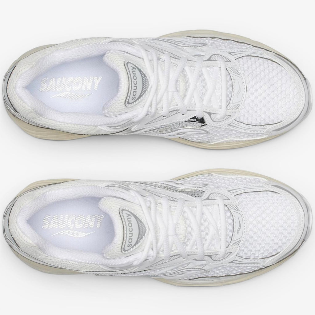 METRO Saucony ProGrid Omni 9 OG sneaker in white and eggshell with breathable mesh and metallic synthetic overlays.