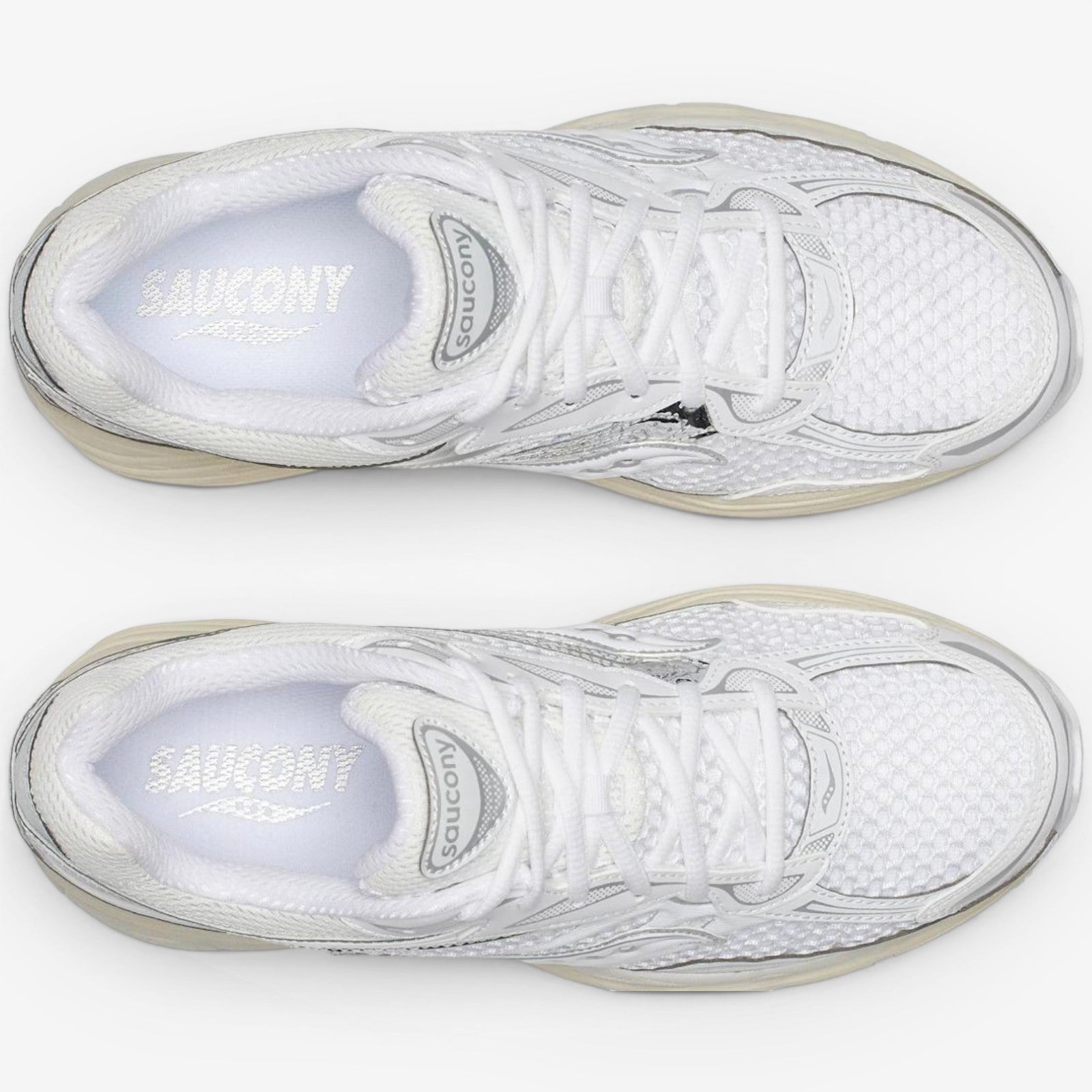 METRO Saucony ProGrid Omni 9 OG sneaker in white and eggshell with breathable mesh and metallic synthetic overlays.