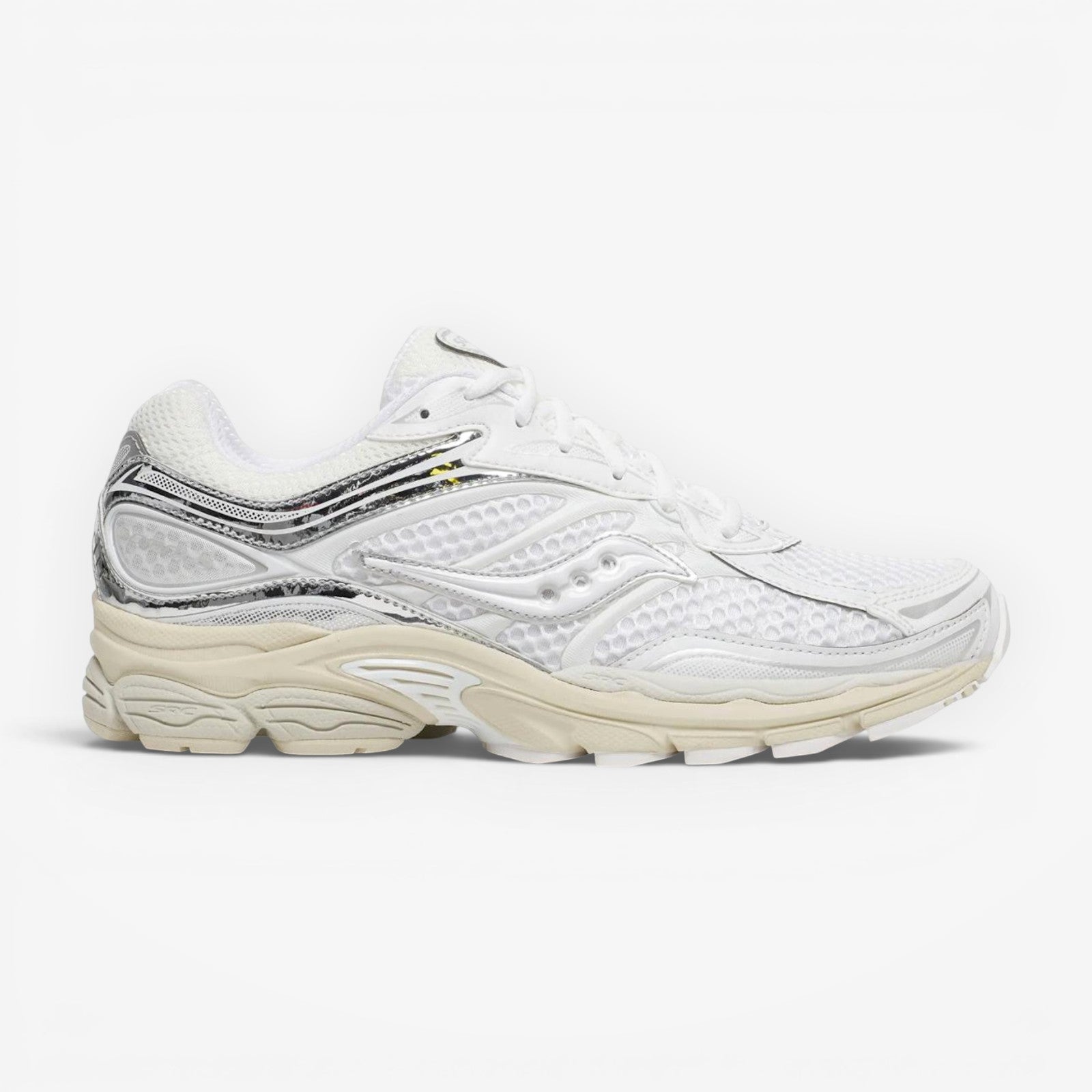 METRO Saucony ProGrid Omni 9 OG sneaker in white and eggshell with breathable mesh and metallic synthetic overlays.