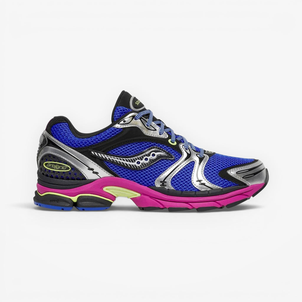 METRO Saucony ProGrid Triumph 4 sneaker in dazzle blue and metallic silver with breathable mesh and pink midsole.