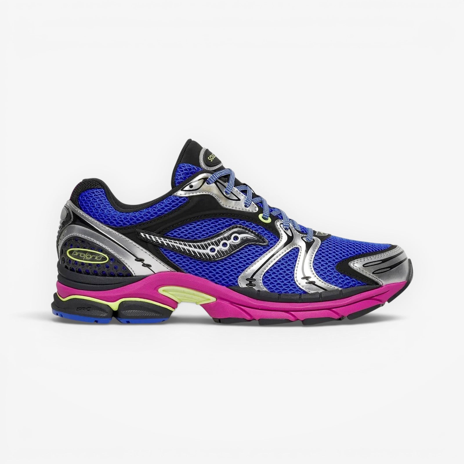 METRO Saucony ProGrid Triumph 4 sneaker in dazzle blue and metallic silver with breathable mesh and pink midsole.