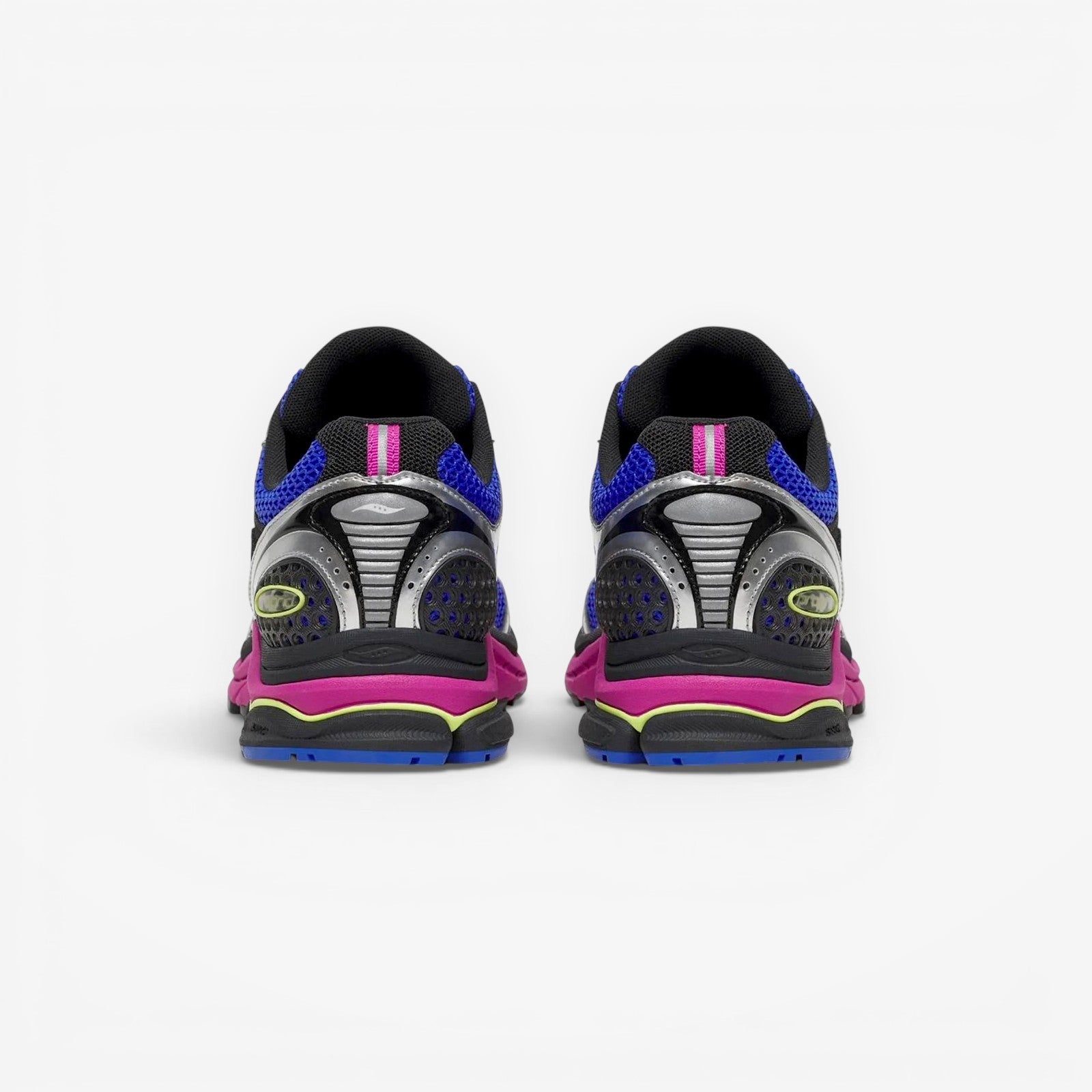 METRO Saucony ProGrid Triumph 4 sneakers in Dazzle and Silver, showing the rear view of the Y2K style running shoes.