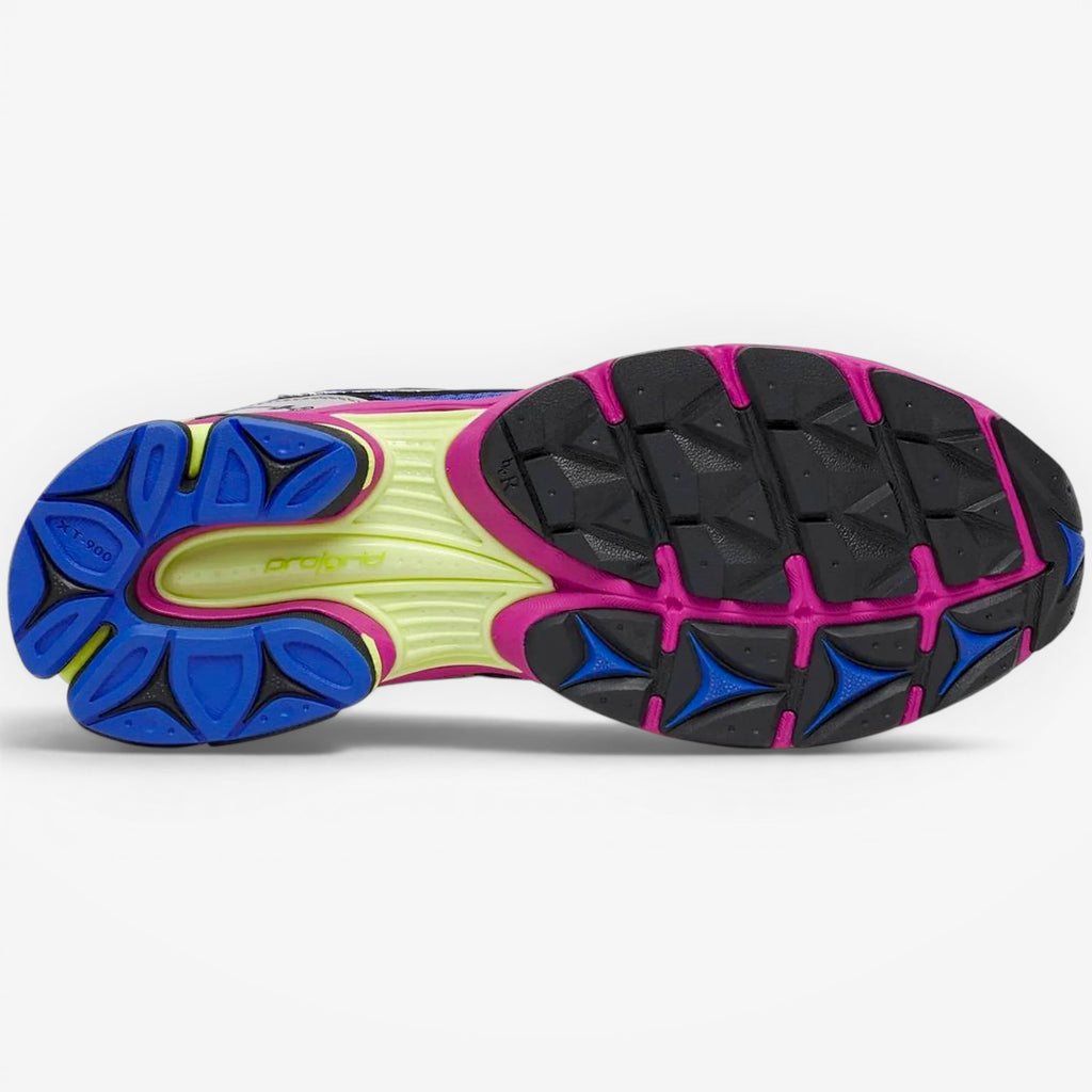 METRO Saucony ProGrid Triumph 4 sneaker outsole featuring a multi-colored rubber tread in black, blue, and neon yellow.