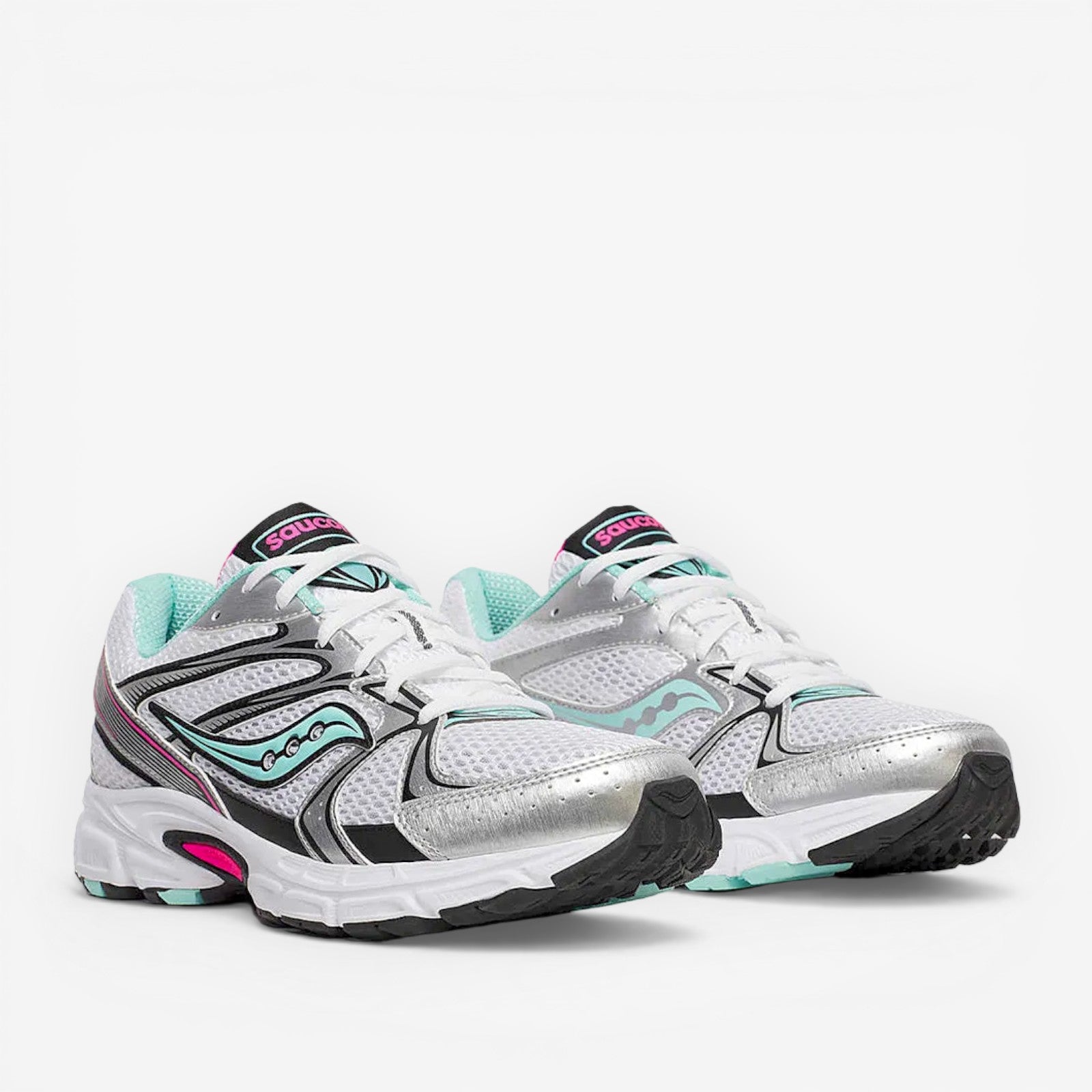 METRO Ride Millennium women's sneakers in silver, aqua, and white mesh with synthetic overlays and cushioned sole.