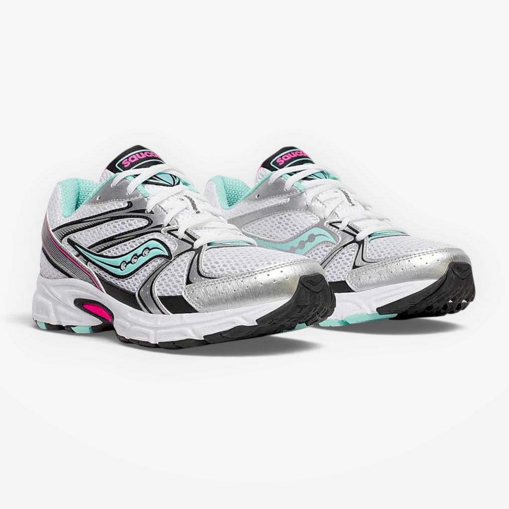 METRO Ride Millennium women's sneakers in silver, aqua, and white mesh with synthetic overlays and cushioned sole.