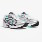 METRO Ride Millennium women's sneakers in silver, aqua, and white mesh with synthetic overlays and cushioned sole.