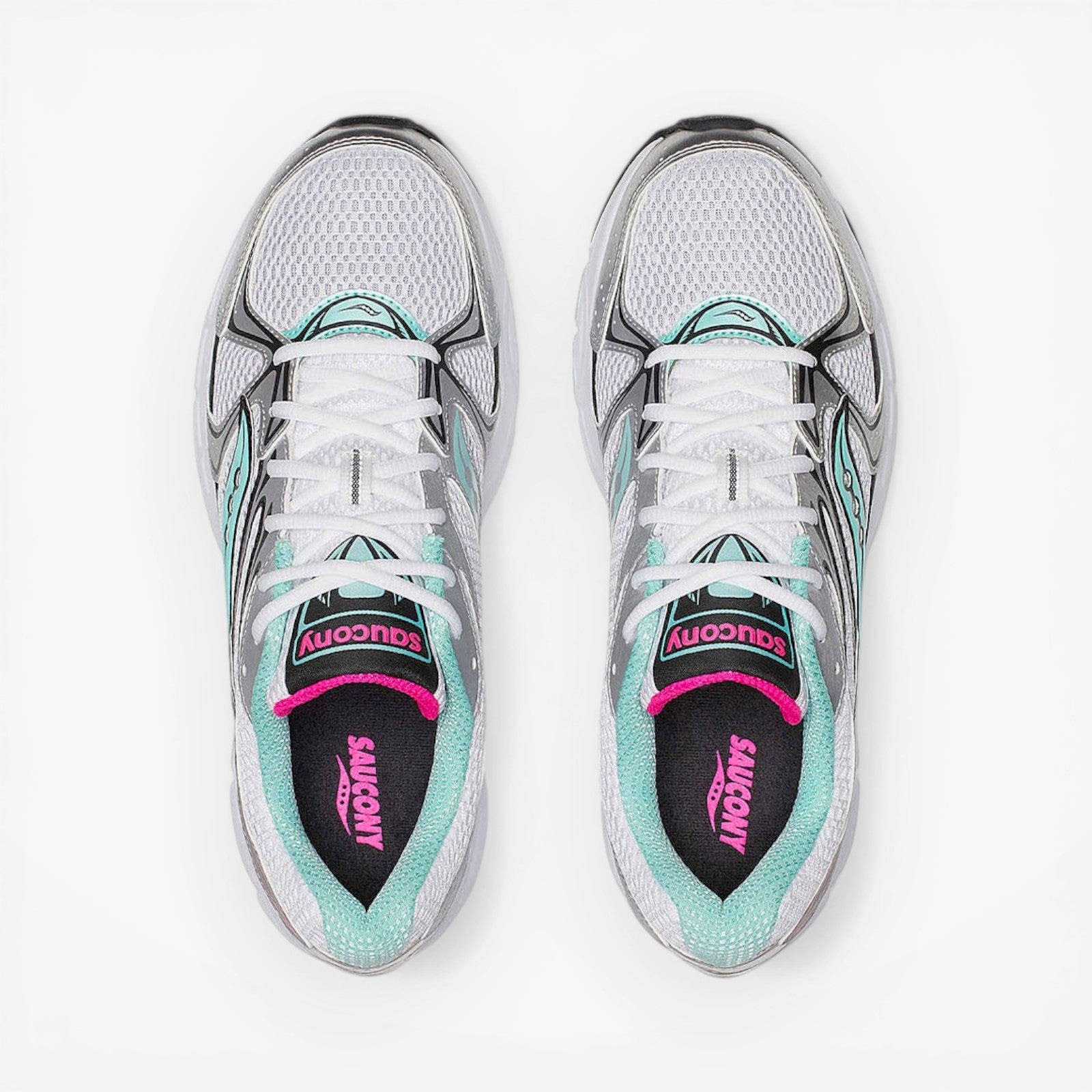 METRO: Saucony Ride Millennium women's sneakers in silver, white, and aqua. Mesh and synthetic overlays with cushioned sole.