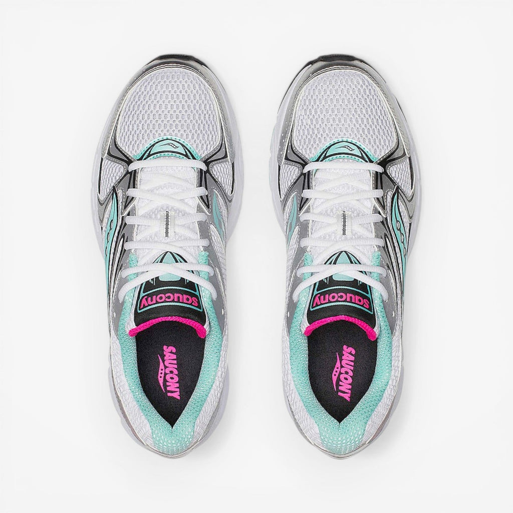 METRO: Saucony Ride Millennium women's sneakers in silver, white, and aqua. Mesh and synthetic overlays with cushioned sole.
