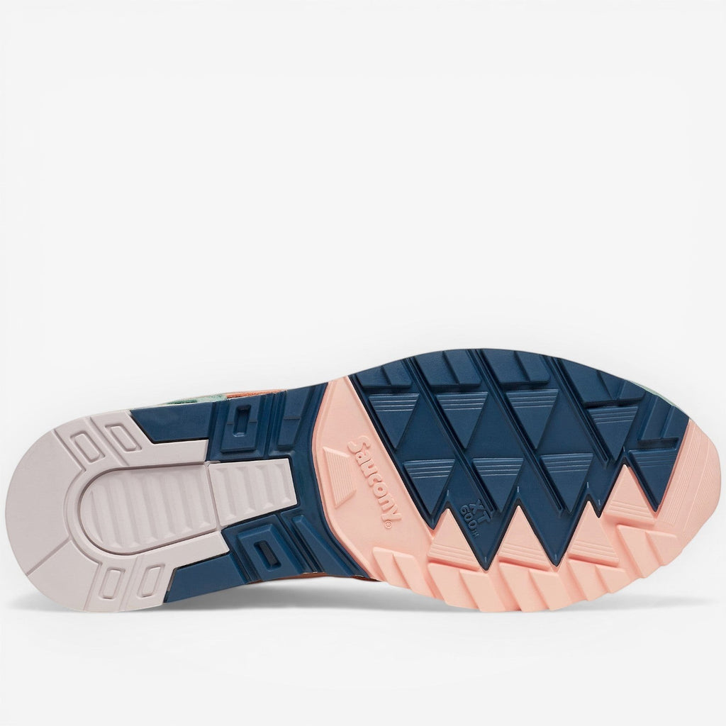 METRO Saucony Shadow 5000 beige and blue suede and mesh retro running sneakers with EVA cushioning and rubber outsole.