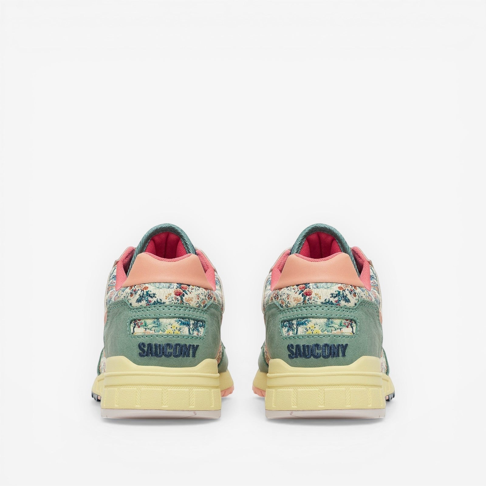METRO Saucony Shadow 5000 floral print sneakers with green suede and light yellow sole.