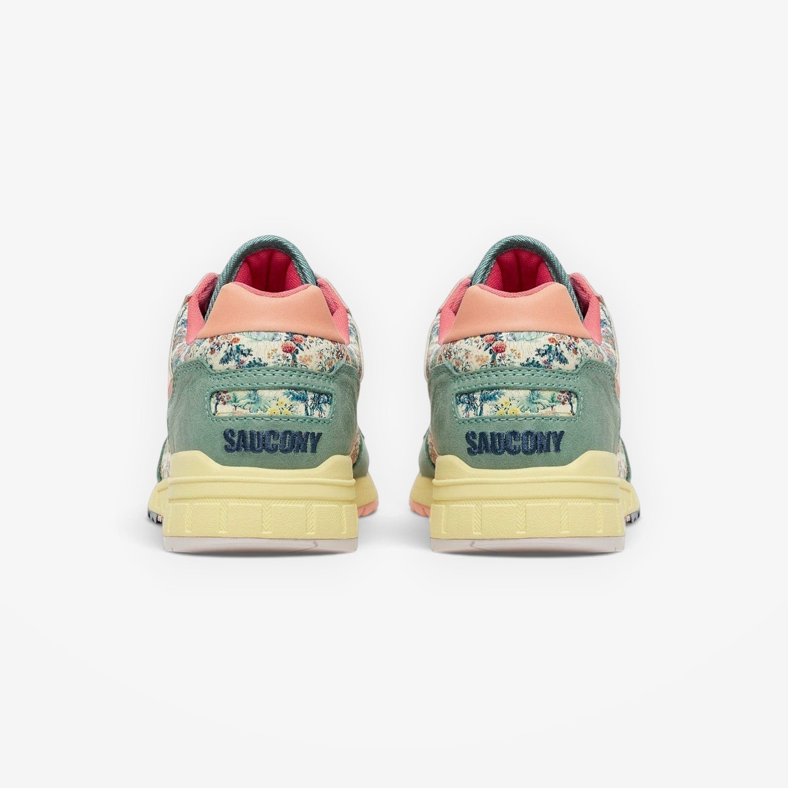 METRO Saucony Shadow 5000 floral print sneakers with green suede and light yellow sole.