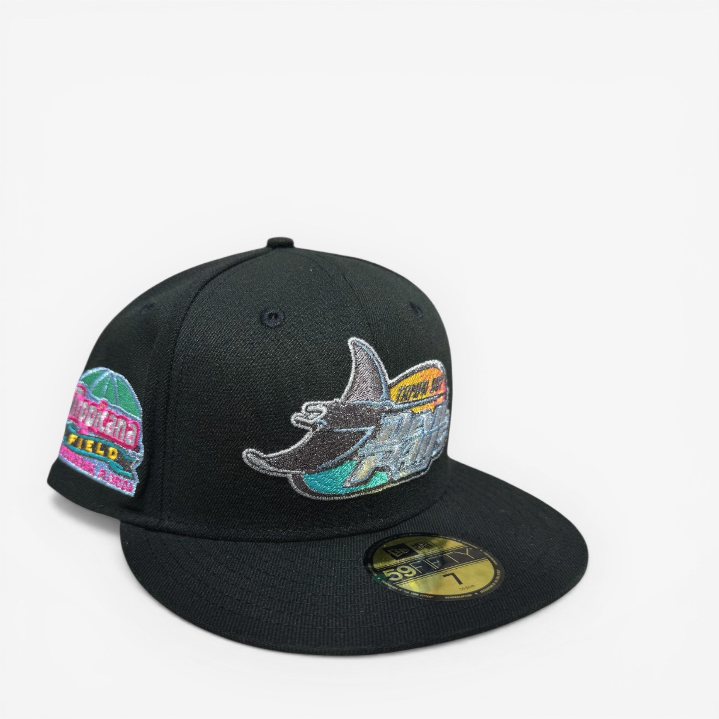 METRO Tampa Bay Devil Rays Tropicana Field New Era 59FIFTY fitted hat in black with embroidered logo and side patch. Grey underbrim.