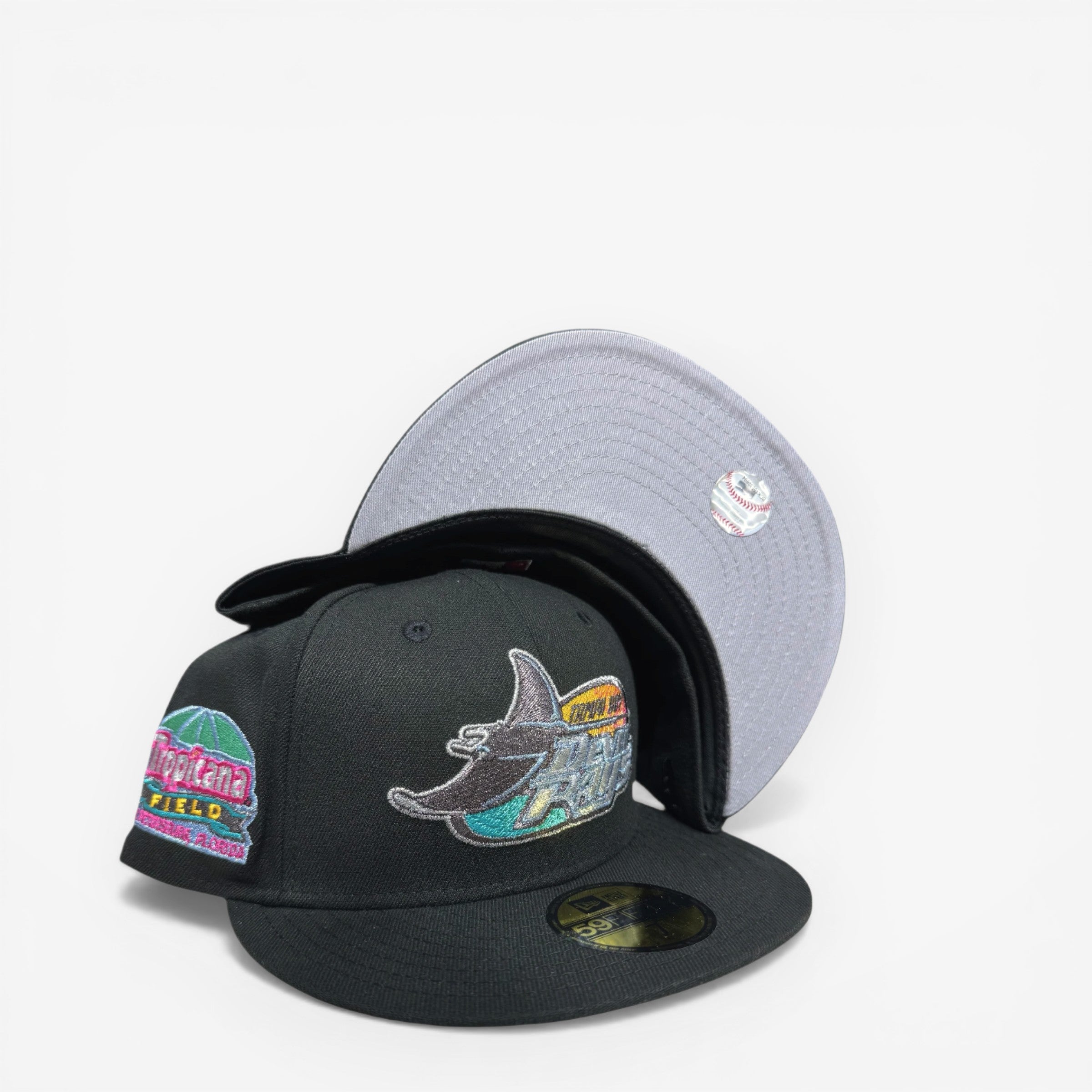 METRO Tampa Bay Devil Rays Tropicana Field New Era 59FIFTY fitted hat in black with grey UV underbrim and embroidered logos.