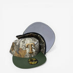 METRO Texas Rangers 40th Anniversary fitted hat in camo with gold T logo and green brim. Grey UV underbrim.
