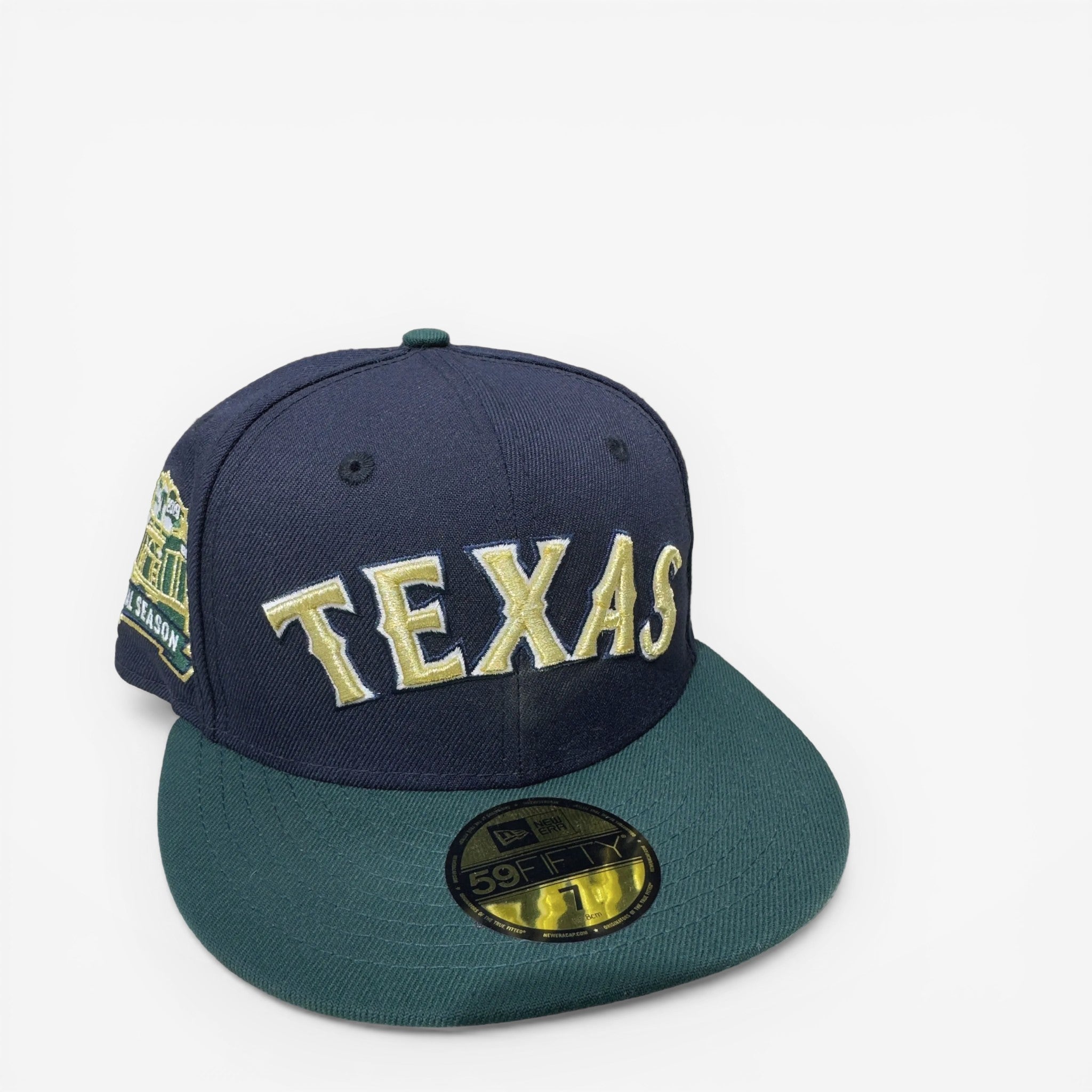 METRO Texas Rangers "Final Season" navy fitted hat with gold "TEXAS" embroidery and green brim. Features side patch.