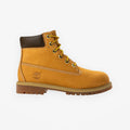 METRO Timberland 6 Inch wheat nubuck leather boots for grade school with a dark brown padded collar and yellow laces