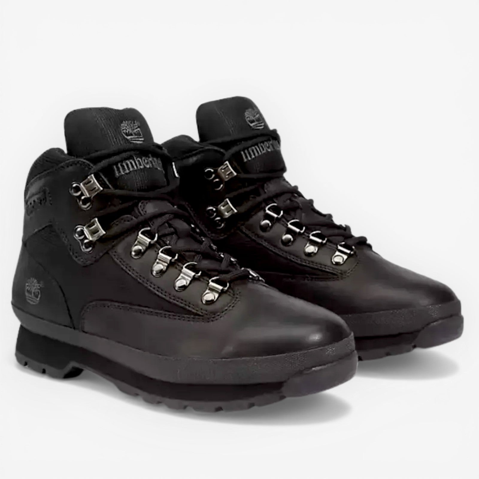 METRO Timberland Euro Hiker Mid black leather hiking boots with padded collar and lug sole.