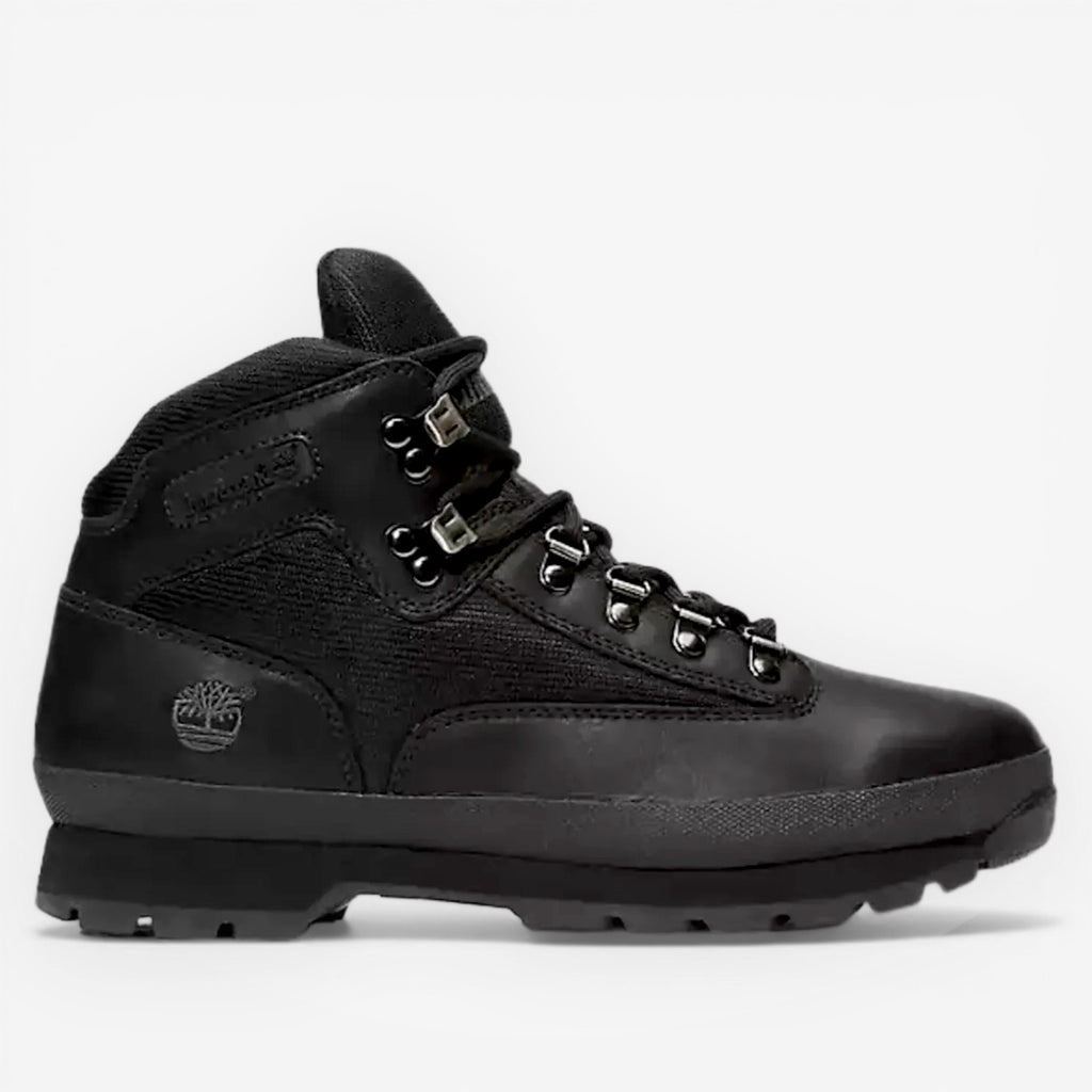 METRO Timberland Euro Hiker Mid black leather and textile hiking boots with padded collar and lug sole.