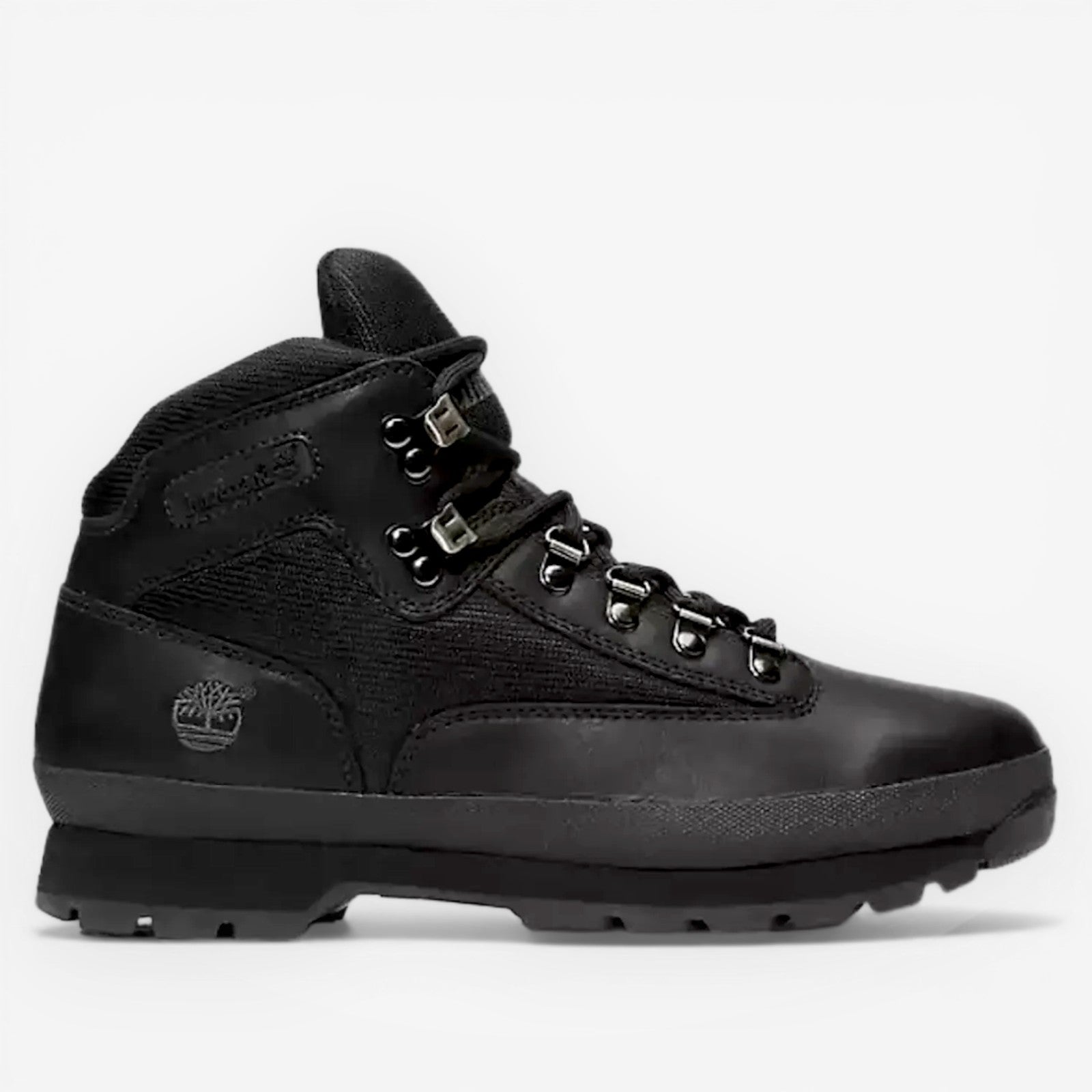 METRO Timberland Euro Hiker Mid black leather and textile hiking boots with padded collar and lug sole.