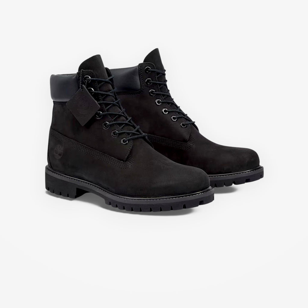 METRO Timberland Premium 6-inch waterproof boots in black nubuck leather with a padded collar and lug sole.
