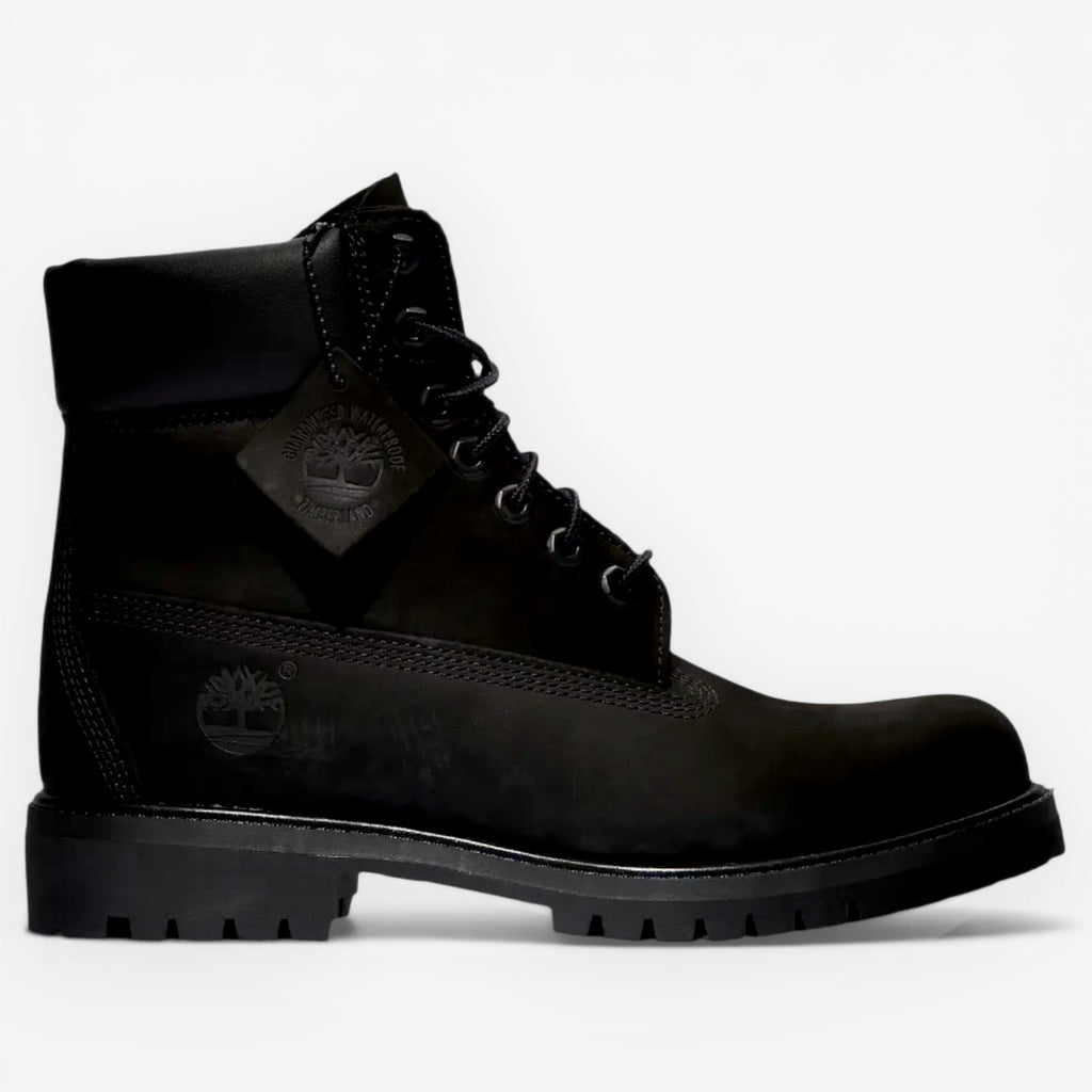 METRO black premium waterproof leather 6-inch Timberland boots with padded collar and lug sole.