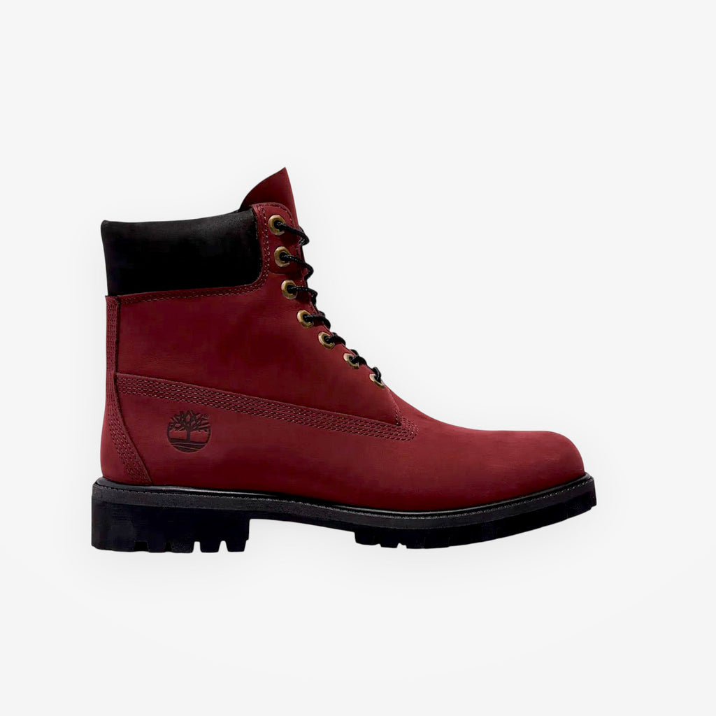 METRO Timberland Premium 6-Inch waterproof boot in burgundy nubuck leather with a black padded collar and lug sole.