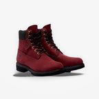 METRO Timberland Premium 6-inch waterproof boots in burgundy nubuck leather with black laces and rubber lug outsoles.