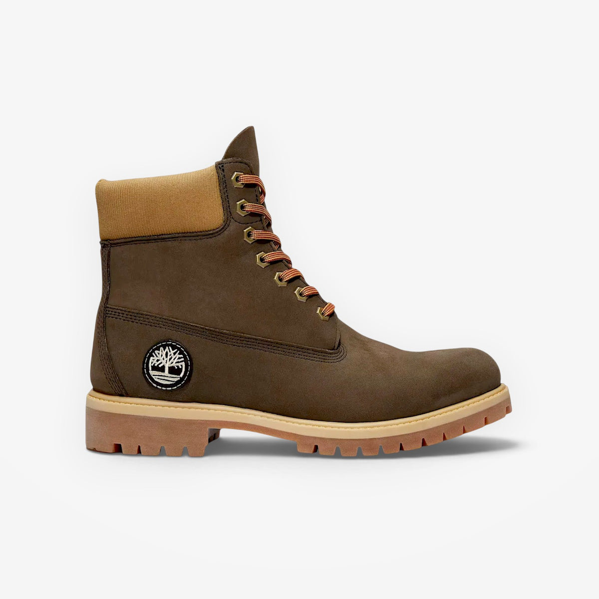 METRO Timberland Premium 6-inch waterproof boot in dark brown leather with a padded collar and rubber lug outsole.