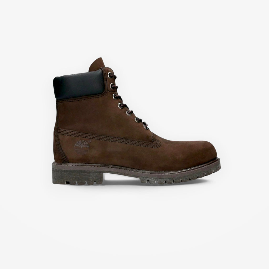 METRO Timberland Premium 6-Inch waterproof boot in dark brown nubuck leather with a black padded collar