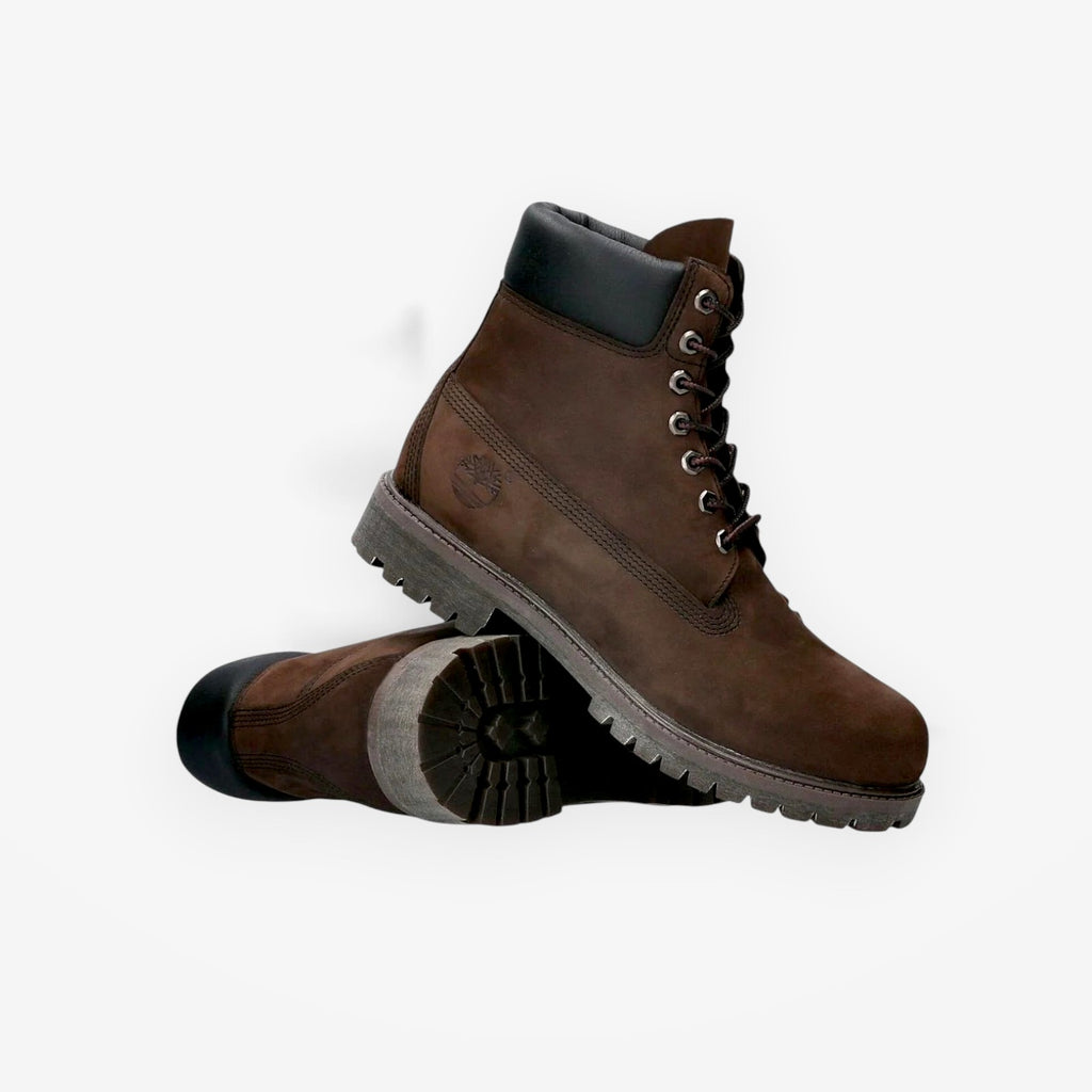 METRO Timberland Premium 6-Inch waterproof boots in dark brown nubuck leather with a padded collar and lug sole