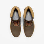 METRO Timberland dark brown waterproof 6-inch leather boots with padded collars and lace-up closure, top-down view.